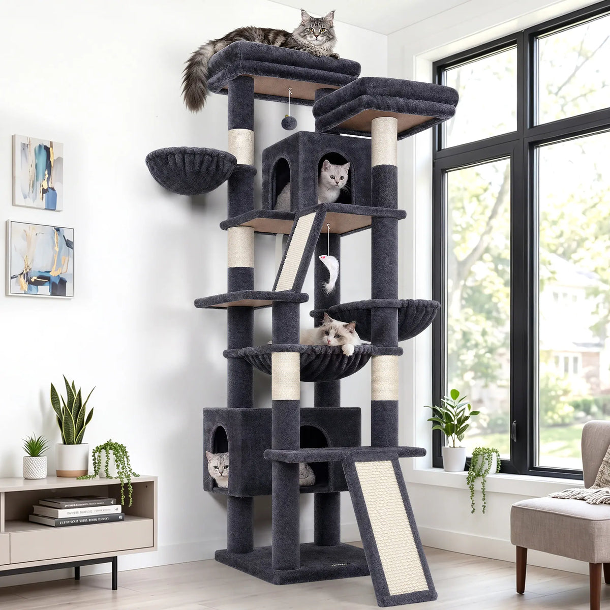 DESKAT 75-Inch Multi-Level Cat Tree for Large Cats, Accommodating 2-3 Indoor Cats with 2 Condos, 2 Hammocks, 3 Perches, and Scratching Board