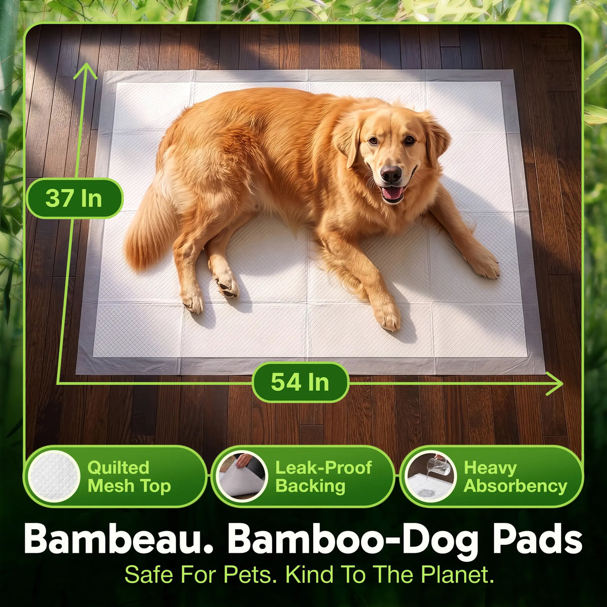 Bambeau Premium Bamboo-Based Pads Eco Conscious Dog Pads 3XL (37X54 Inch) 25 Count - Extra Large Puppy Training Pads, Unbleached Chlorine-Free Plant-Based Potty Pads Leak-Proof Backing and Natural Odor Control
