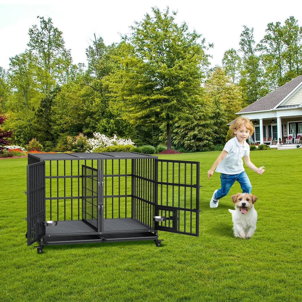 48-Inch Heavy-Duty Metal Dog Crate with Flexible Divider, Dual Door Access, Two Feeding Bowls, and Removable Tray for Small to Large Pets