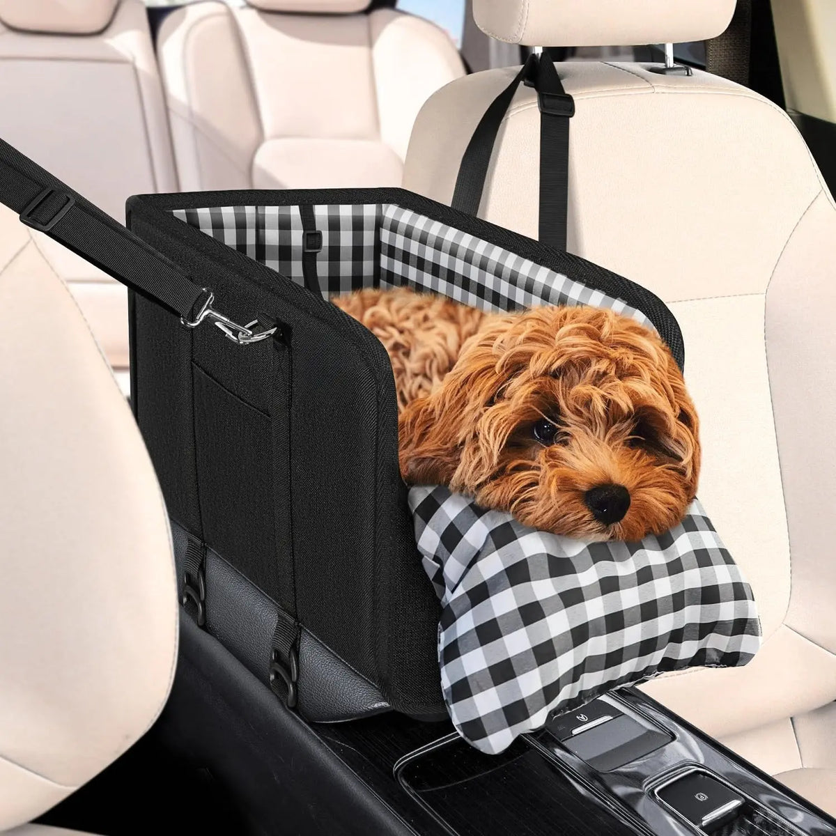 Premium Elevated Car Pet Booster Seat for Small Cats and Dogs (Up to 11 lbs) - Anti-Collapsing Carrier, Plush Mat, Secure Tether, and Rotating Hooks, Plaid Design, Comfortable Travel Accessory