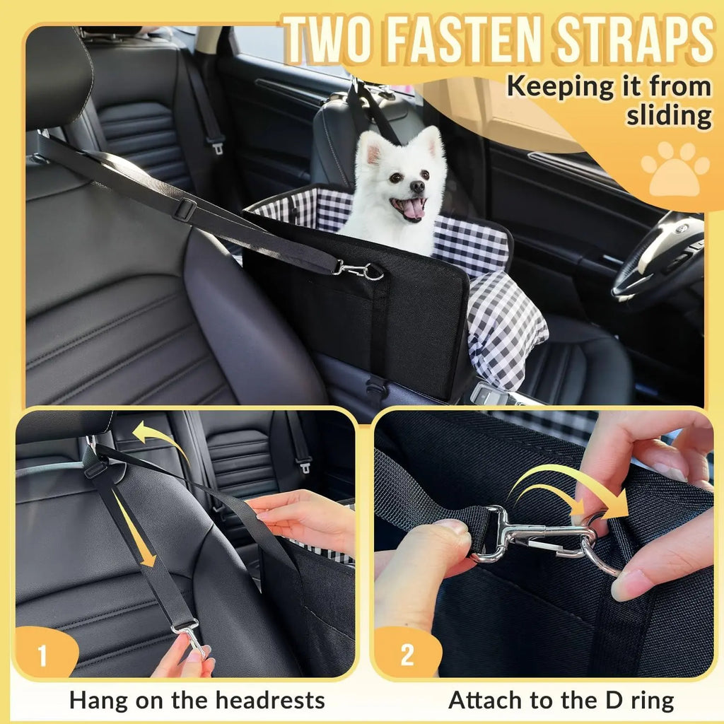 Premium Elevated Car Pet Booster Seat for Small Cats and Dogs (Up to 11 lbs) - Anti-Collapsing Carrier, Plush Mat, Secure Tether, and Rotating Hooks, Plaid Design, Comfortable Travel Accessory