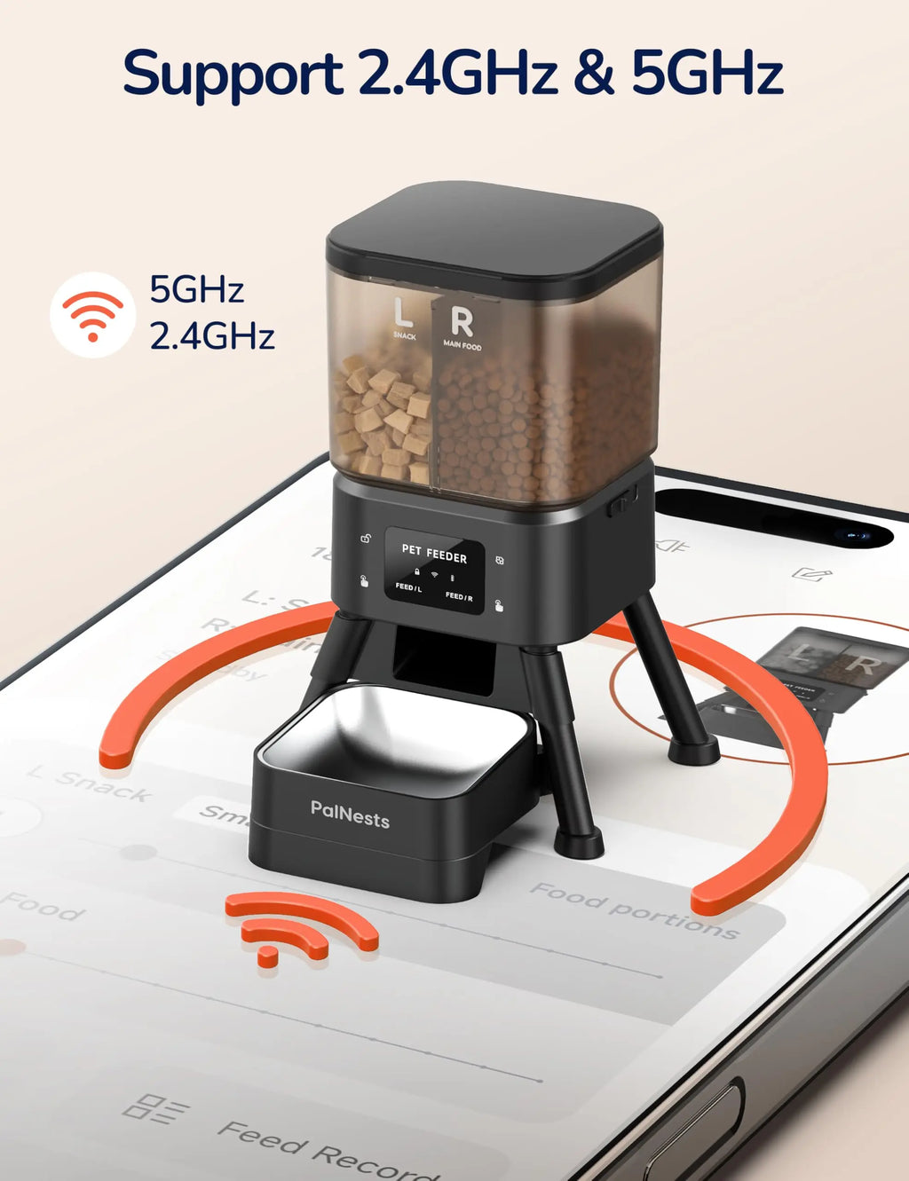 Palnests Dual-Cavity Smart Automatic Pet Feeder - 4L Dry Food Dispenser with Stainless Steel Bowls, Dual Hopper Design, 2.4GHz & 5GHz Wi-Fi Connectivity, Airtight Fresh Lock, App Control, Timed Feeding, Dual Power Backup, and Low Food Alerts for Cats and Small to Medium Dogs