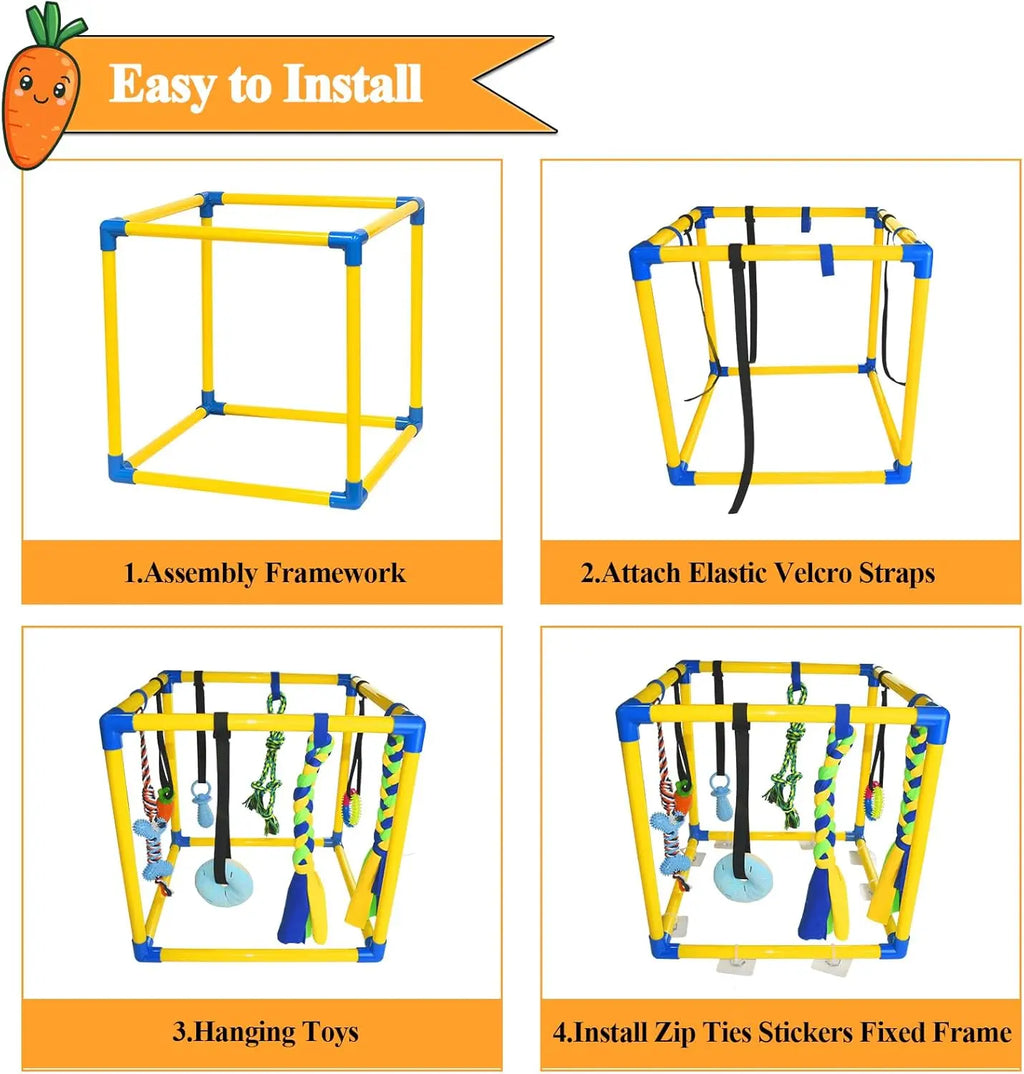 Toy Poodle Puppy Play Gym - Indoor Durable PVC Frame (18.7X18.7X18.7In), 8 Random Detachable Hanging Toys, Adjustable Height, Chew Resistant Rope, Squeaky Teething Aids, Boredom Relief Enrichment Center for Small Dogs