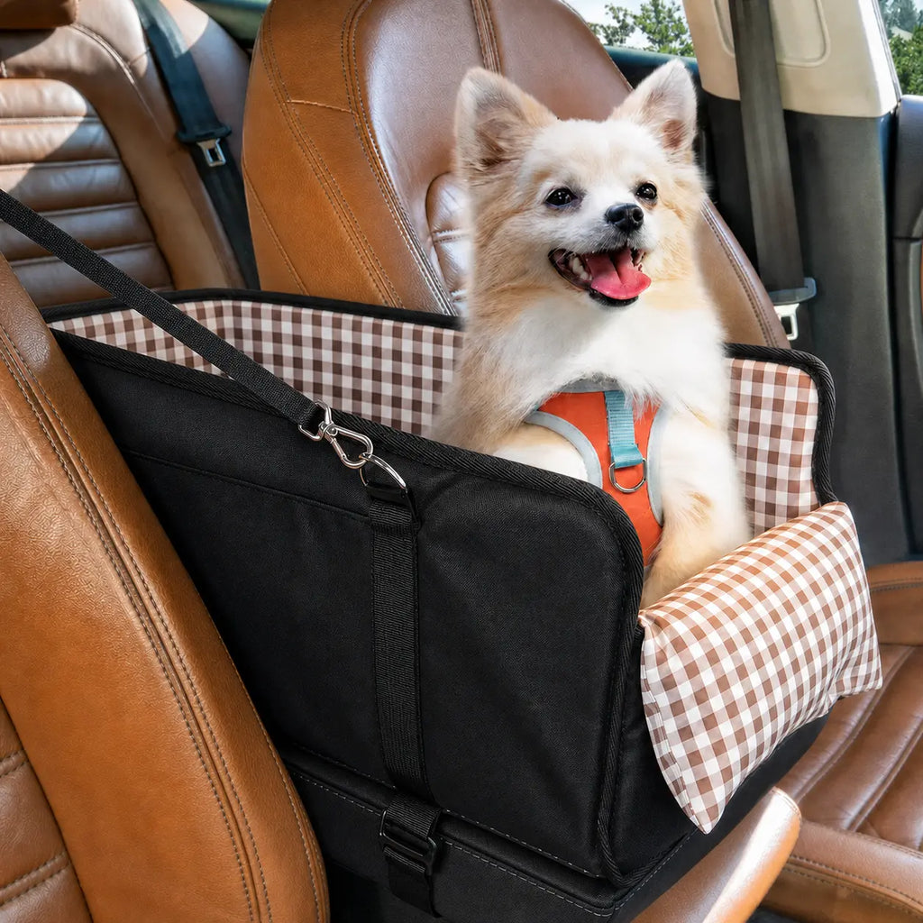 Premium Elevated Car Pet Booster Seat for Small Cats and Dogs (Up to 11 lbs) - Anti-Collapsing Carrier, Plush Mat, Secure Tether, and Rotating Hooks, Plaid Design, Comfortable Travel Accessory