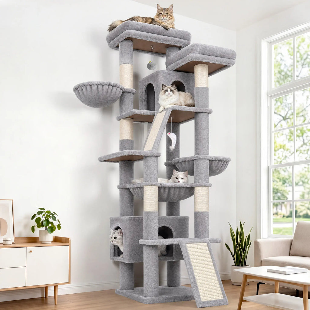 DESKAT 75-Inch Multi-Level Cat Tree for Large Cats, Accommodating 2-3 Indoor Cats with 2 Condos, 2 Hammocks, 3 Perches, and Scratching Board