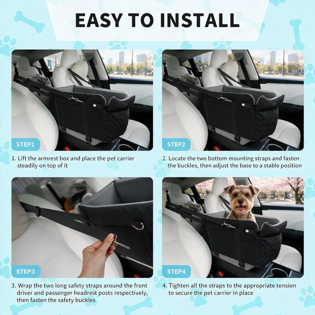Black Fabric Paw Print Dog Car Booster Seat - Armrest-Mount, Portable Pet Basket, Comfortable Ride Safe Travel Carrier Bed for Small-Medium Dogs