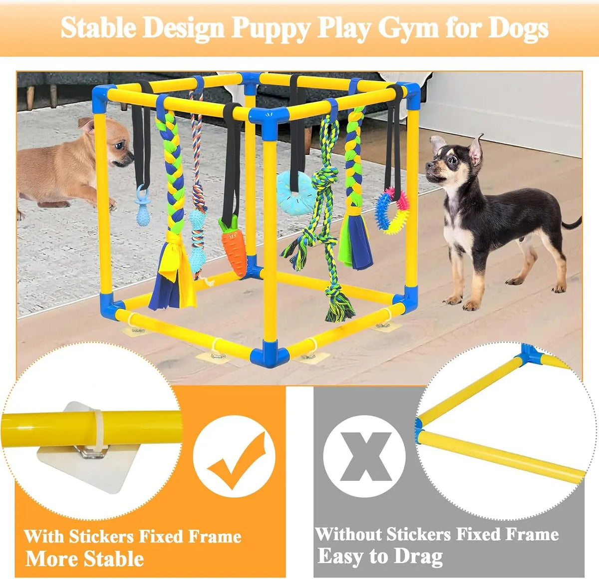 Toy Poodle Puppy Play Gym - Indoor Durable PVC Frame (18.7X18.7X18.7In), 8 Random Detachable Hanging Toys, Adjustable Height, Chew Resistant Rope, Squeaky Teething Aids, Boredom Relief Enrichment Center for Small Dogs