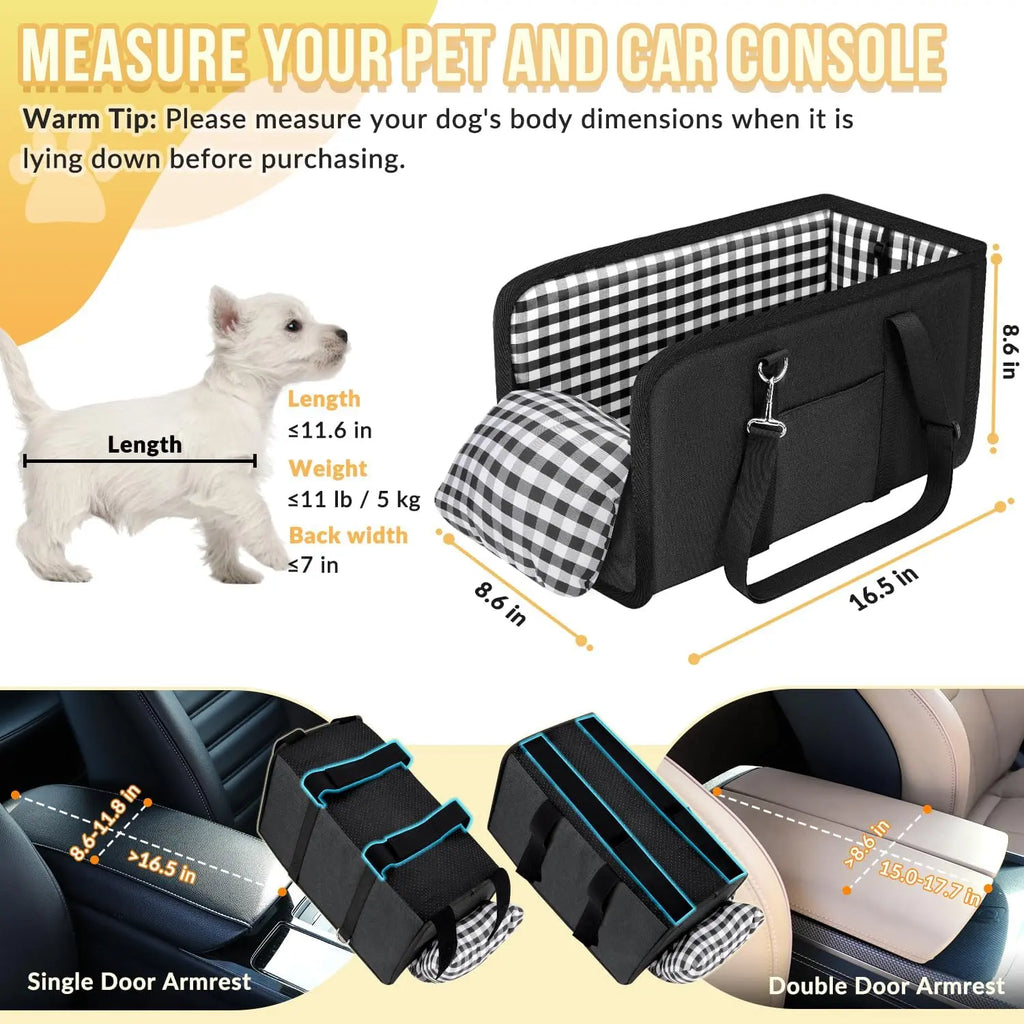 Premium Elevated Car Pet Booster Seat for Small Cats and Dogs (Up to 11 lbs) - Anti-Collapsing Carrier, Plush Mat, Secure Tether, and Rotating Hooks, Plaid Design, Comfortable Travel Accessory