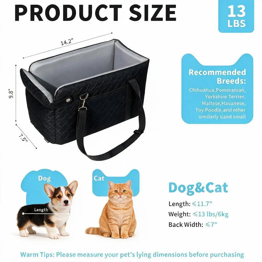 Black Fabric Paw Print Dog Car Booster Seat - Armrest-Mount, Portable Pet Basket, Comfortable Ride Safe Travel Carrier Bed for Small-Medium Dogs