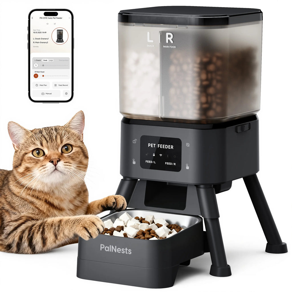 Palnests Dual-Cavity Smart Automatic Pet Feeder - 4L Dry Food Dispenser with Stainless Steel Bowls, Dual Hopper Design, 2.4GHz & 5GHz Wi-Fi Connectivity, Airtight Fresh Lock, App Control, Timed Feeding, Dual Power Backup, and Low Food Alerts for Cats and Small to Medium Dogs