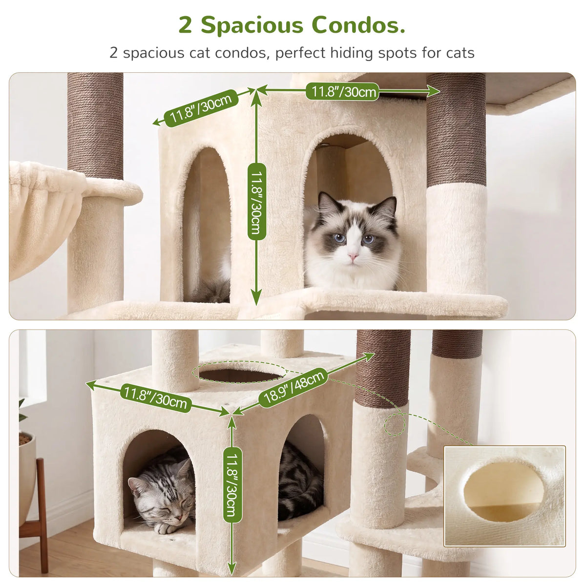 DESKAT 75-Inch Multi-Level Cat Tree for Large Cats, Accommodating 2-3 Indoor Cats with 2 Condos, 2 Hammocks, 3 Perches, and Scratching Board