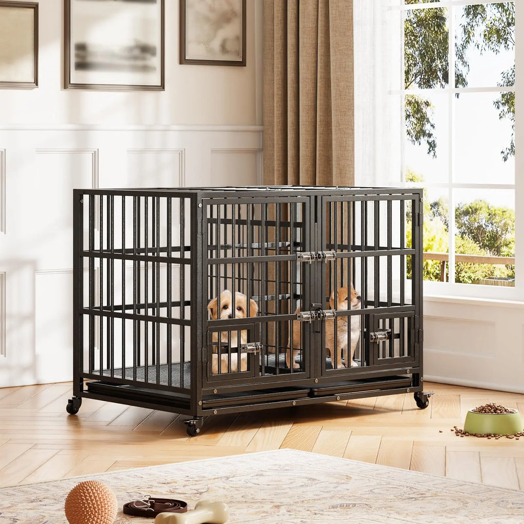 48-Inch Heavy-Duty Metal Dog Crate with Flexible Divider, Dual Door Access, Two Feeding Bowls, and Removable Tray for Small to Large Pets