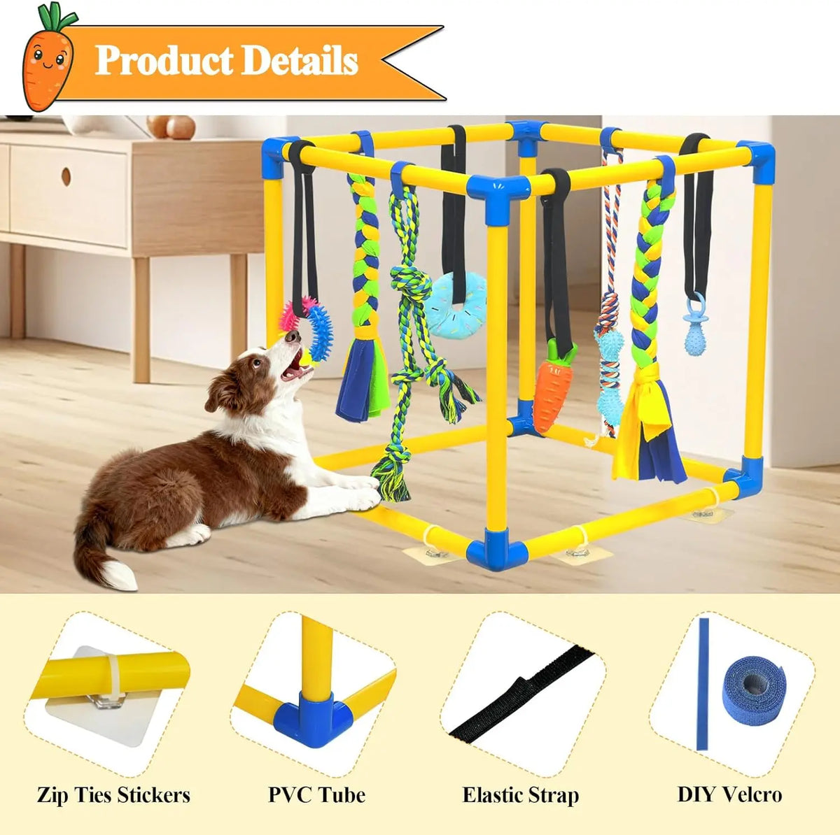 Toy Poodle Puppy Play Gym - Indoor Durable PVC Frame (18.7X18.7X18.7In), 8 Random Detachable Hanging Toys, Adjustable Height, Chew Resistant Rope, Squeaky Teething Aids, Boredom Relief Enrichment Center for Small Dogs