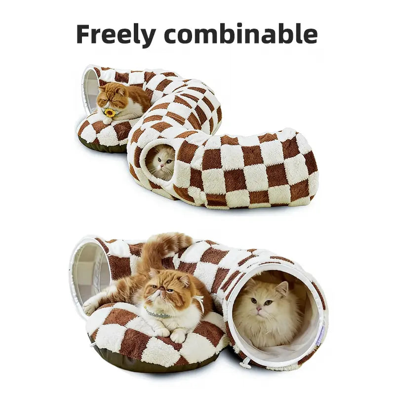 2-in-1 Plaid Cat Tunnel Bed with Concealed Play Area - Stylish Donut Design, Washable Circular Cushion, and Non-Slip Base for Cats and Rabbits