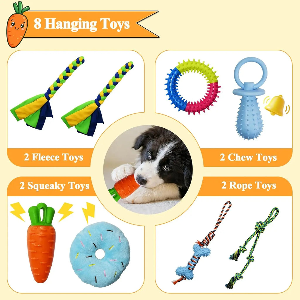 Toy Poodle Puppy Play Gym - Indoor Durable PVC Frame (18.7X18.7X18.7In), 8 Random Detachable Hanging Toys, Adjustable Height, Chew Resistant Rope, Squeaky Teething Aids, Boredom Relief Enrichment Center for Small Dogs