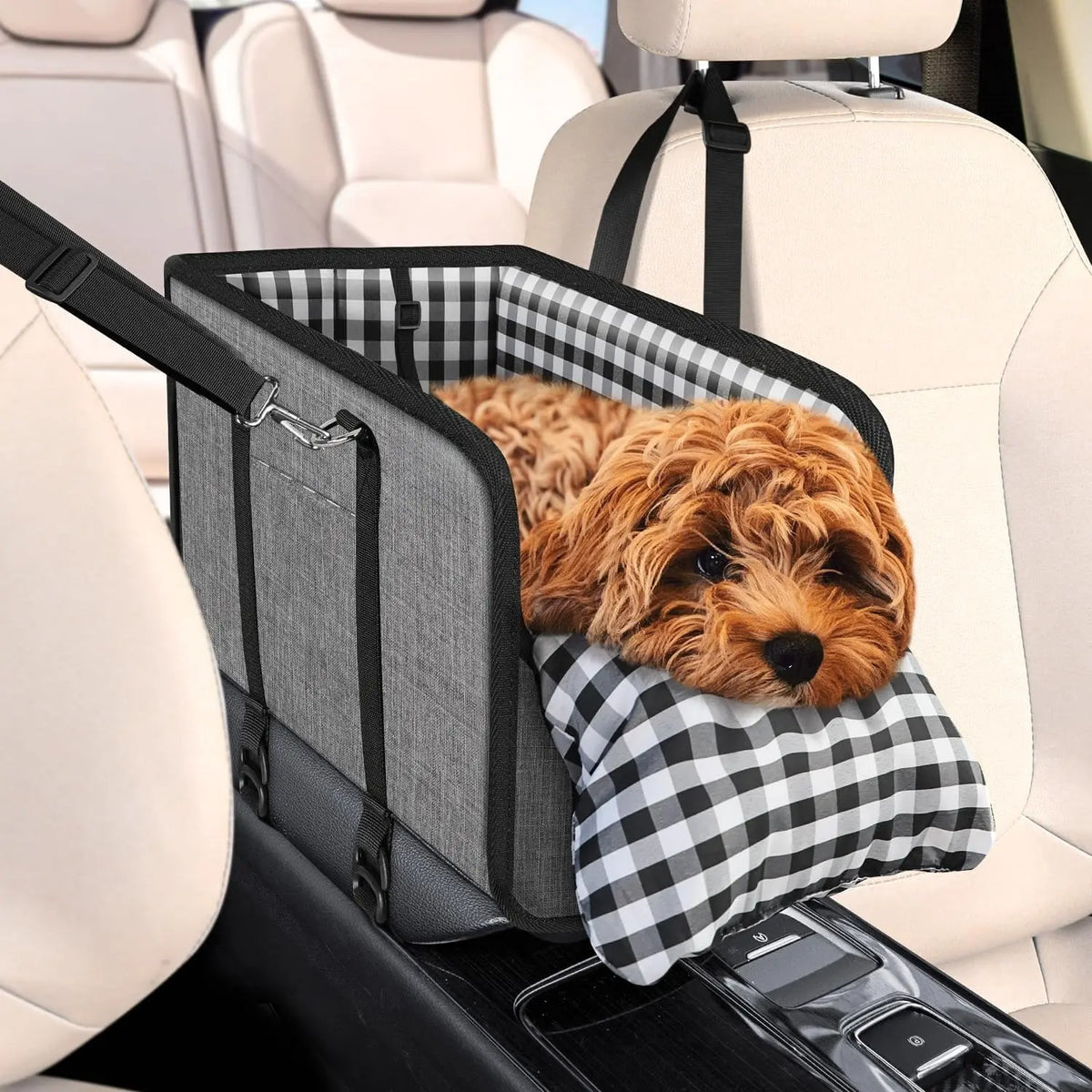 Premium Elevated Car Pet Booster Seat for Small Cats and Dogs (Up to 11 lbs) - Anti-Collapsing Carrier, Plush Mat, Secure Tether, and Rotating Hooks, Plaid Design, Comfortable Travel Accessory