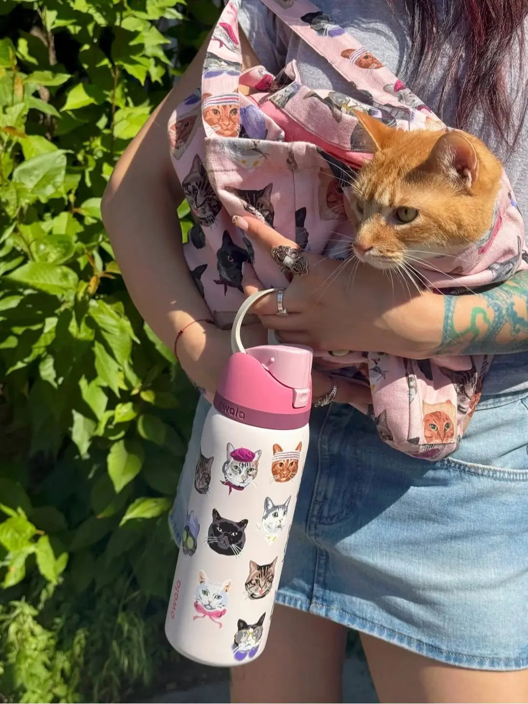 Owala Pink Cat Collage 32Oz Insulated Water Bottle with Adorable Cat Designs and Pink Lid for Hydration